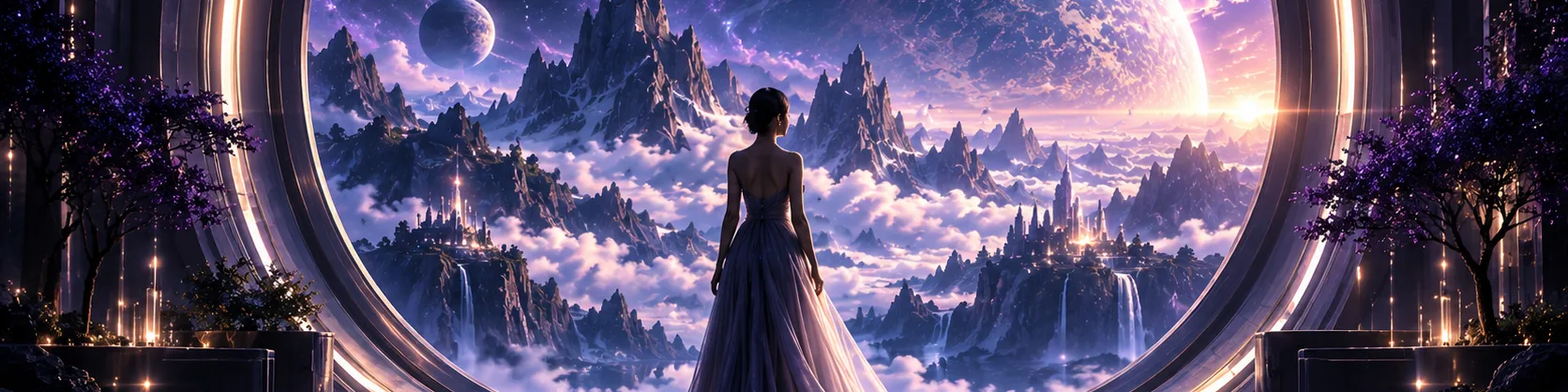 Concept art of a figure before mountains